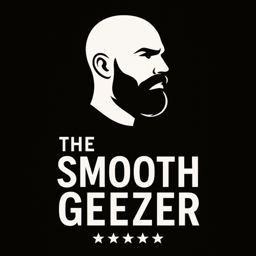 Logo of 'The Smooth Geezer' with a stylized face on a black background