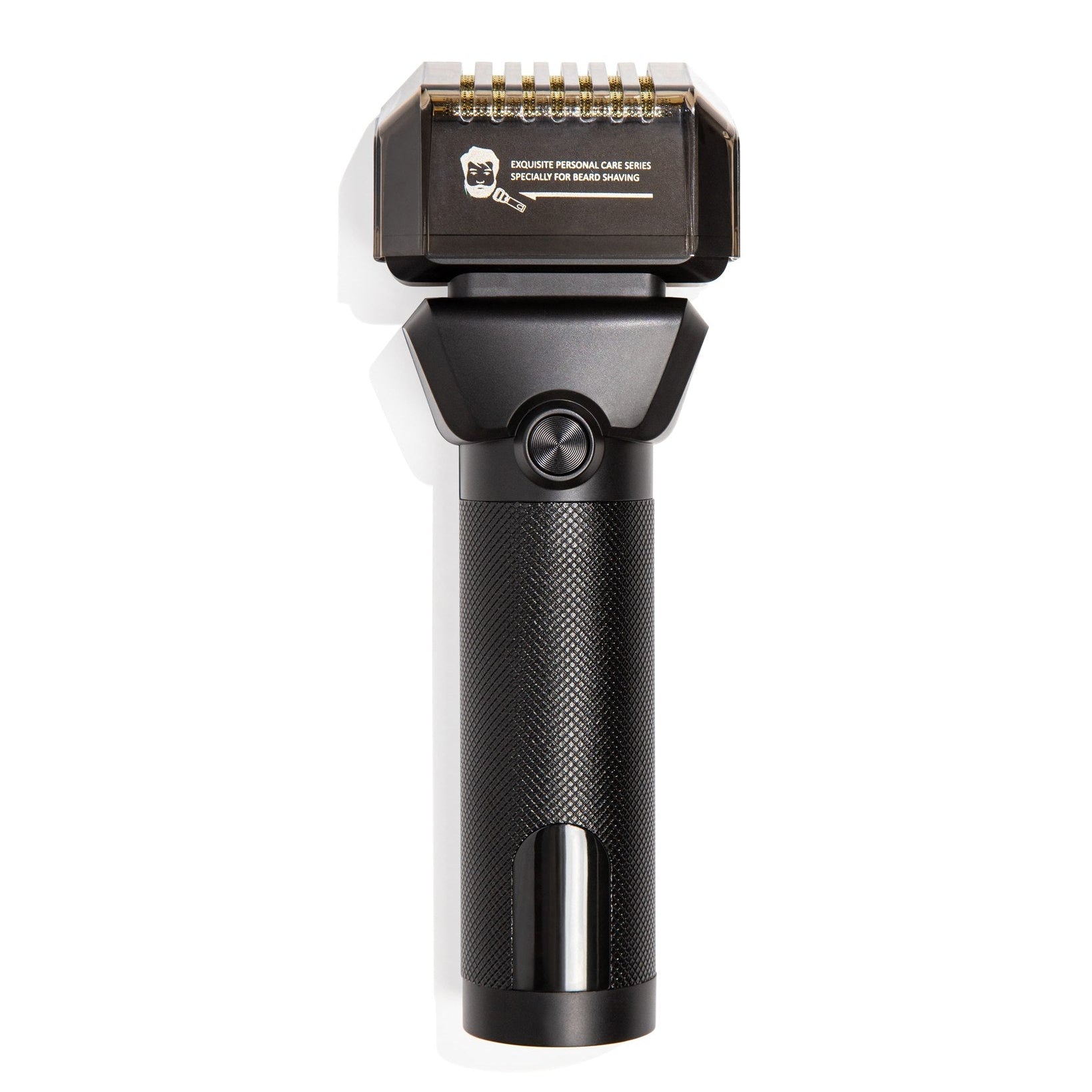 Black electric shaver on a white background