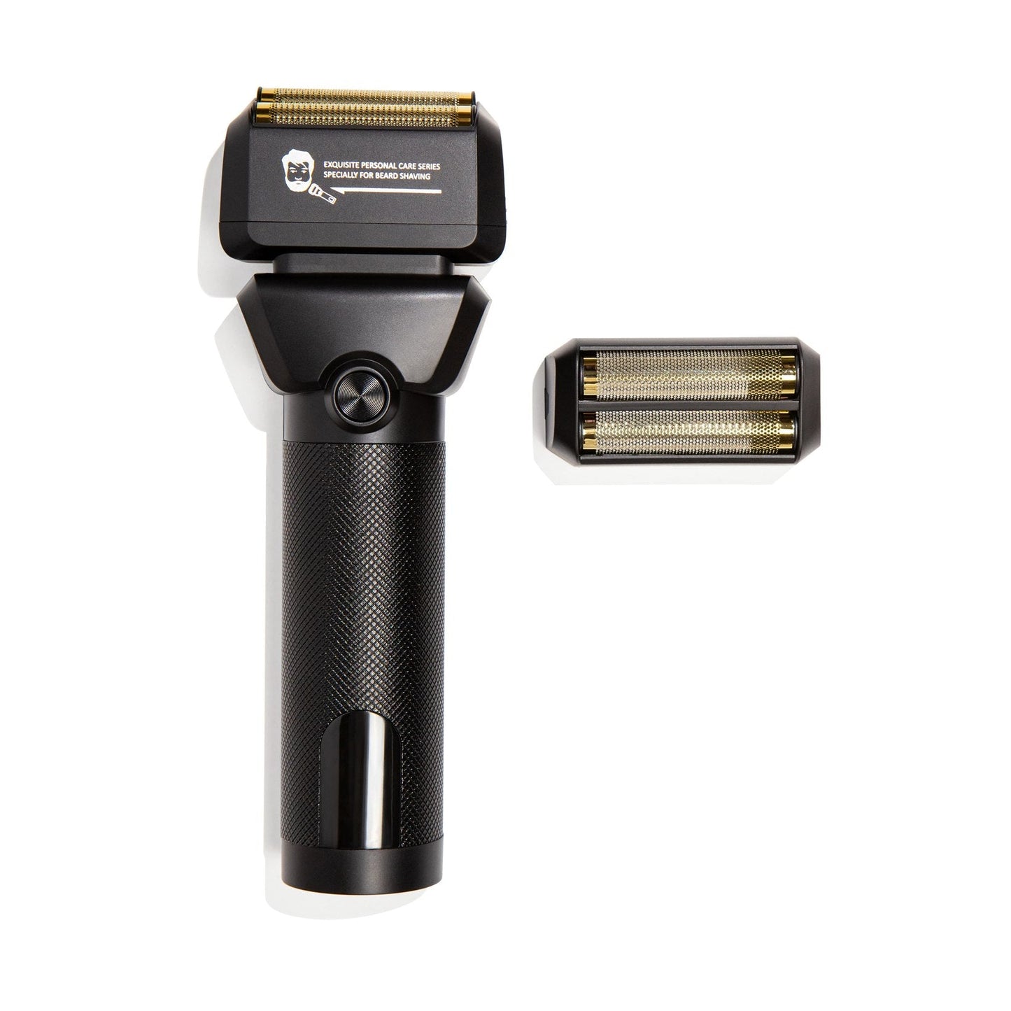 Black electric shaver with a separate foil on a white background
