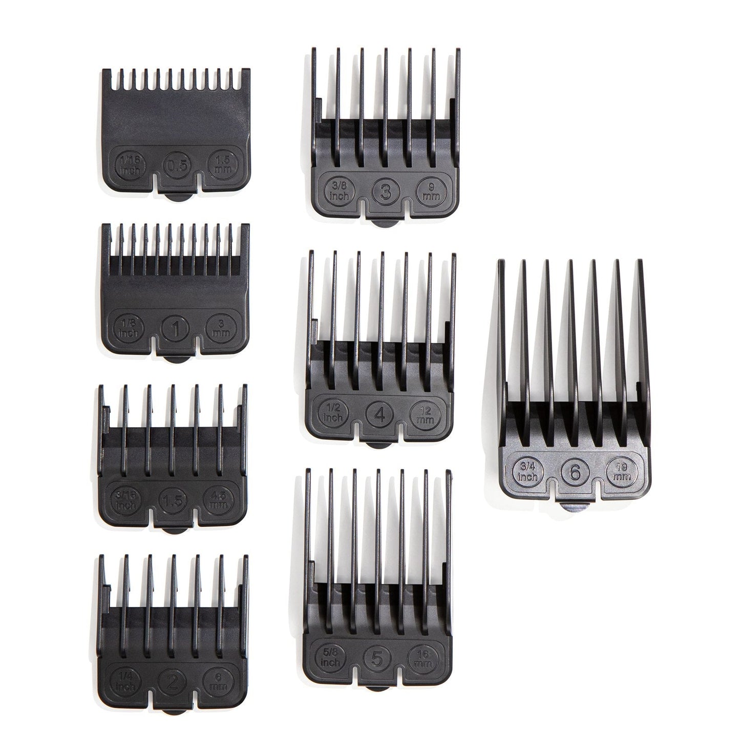 Set of black hair clipper attachments on a white background
