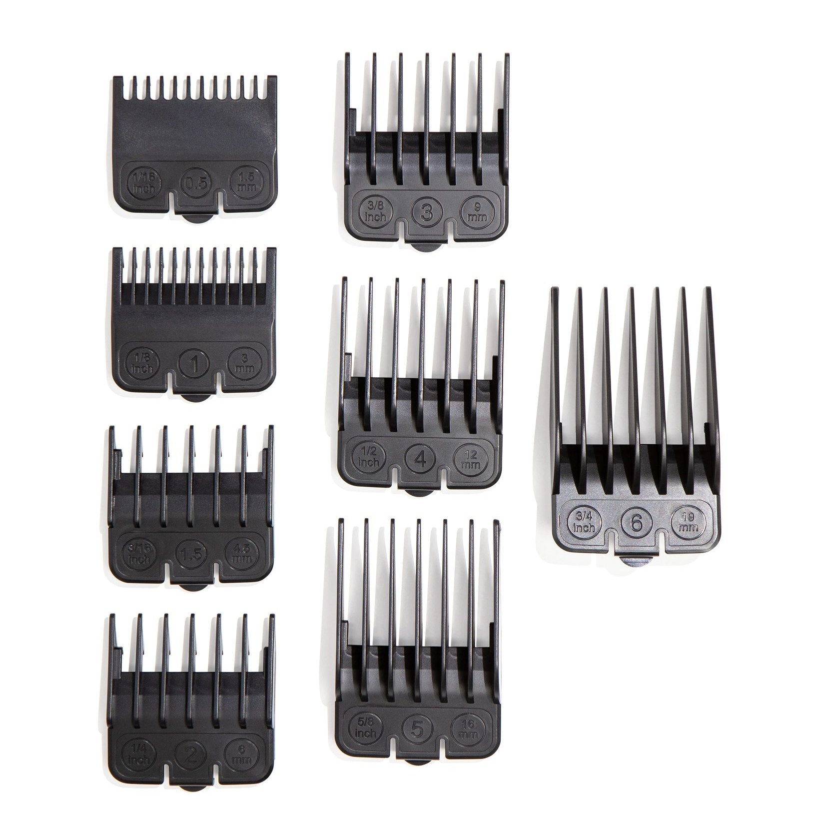 Set of black hair clipper attachments on a white background