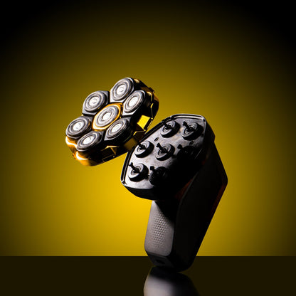 Electric shaver with head and handle on a yellow background