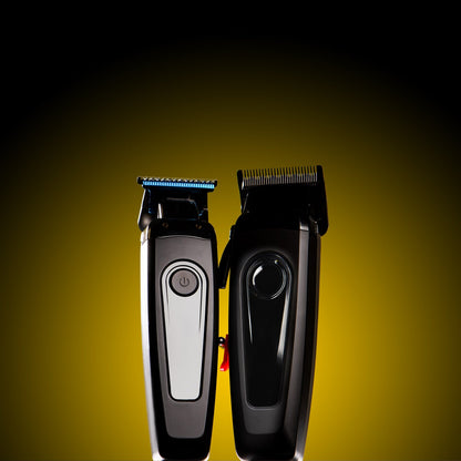 Two hair trimmers on a gradient yellow to black background