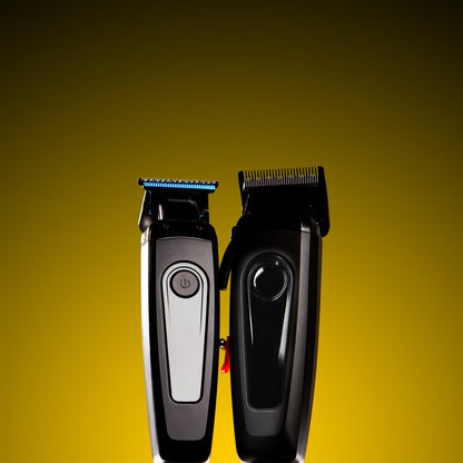 Two hair trimmers on a yellow background
