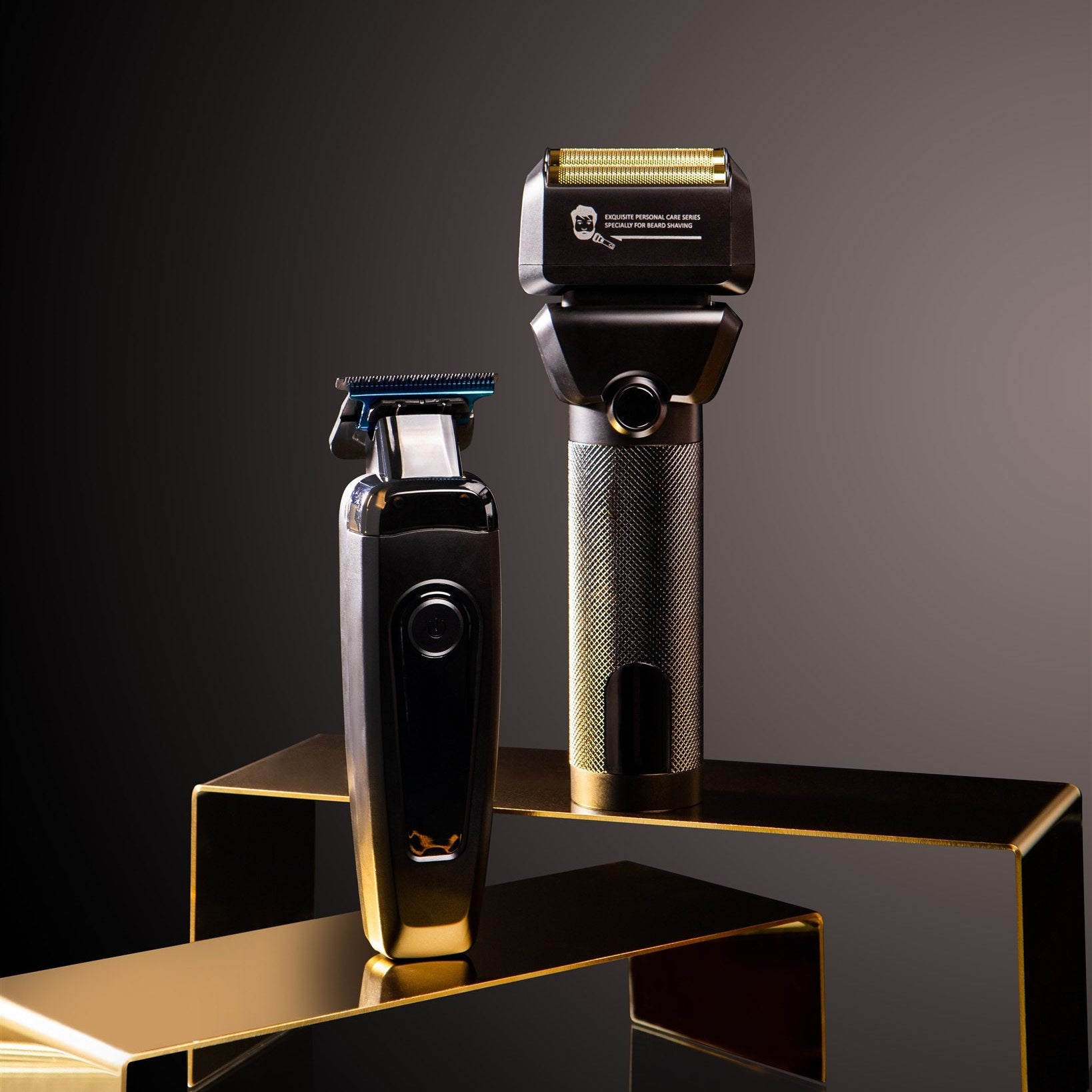 Two electric shavers, one black and one gold, on a reflective surface with a dark background.