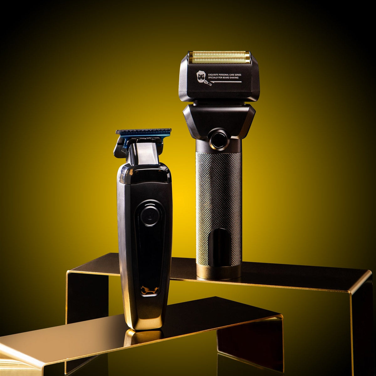 Two electric razors on a reflective surface with a yellow gradient background