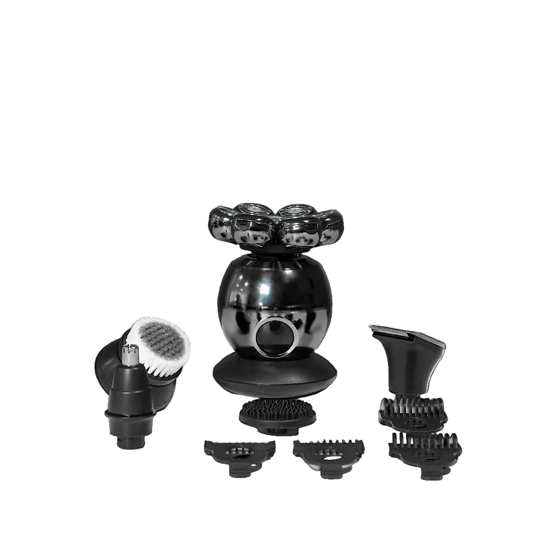 Black grooming tool with multiple attachments on a white background