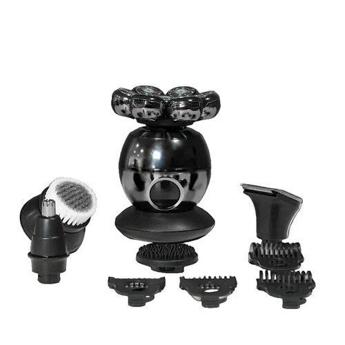 Black grooming tool with multiple attachments on a white background