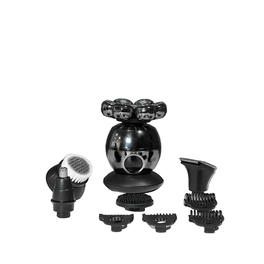 Black grooming tool with multiple attachments on a white background