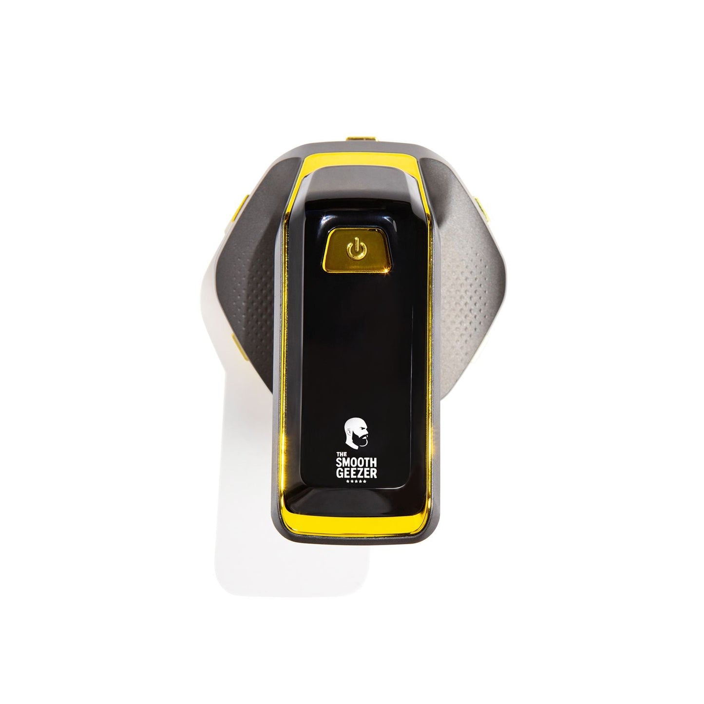 Black electronic head shaver with yellow accents on a white background